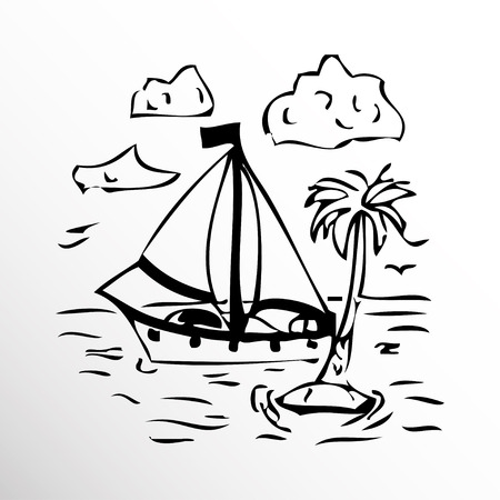 Yacht and palm trees. Drawing. Sketch style.のイラスト素材