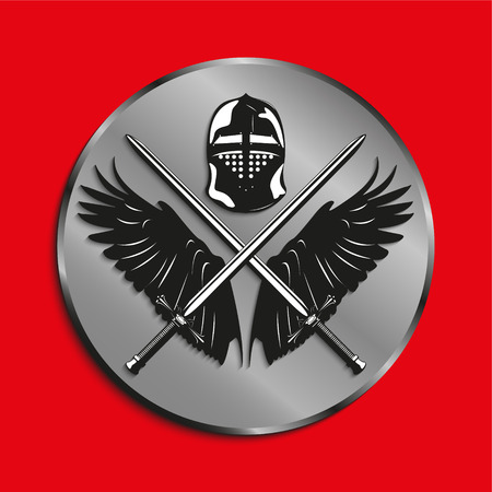 Image of medals with wings of a bird, the two crossed swords and battle helmet. Vector illustration.のイラスト素材