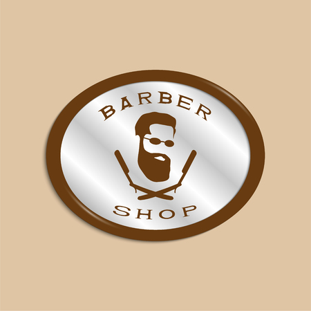 A vector illustration depicting a man's face with a beard and glasses over two crossed razors. Logo of the men's hairdresser.のイラスト素材