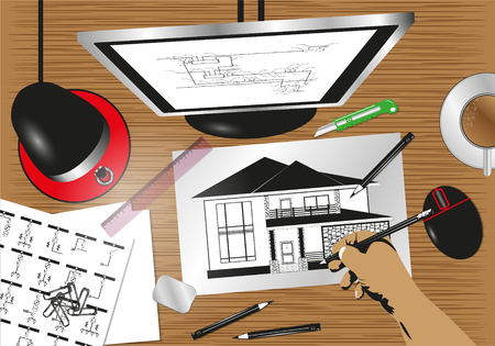 The architect's desk with a sketch of the projected private house. Vector illustration.のイラスト素材