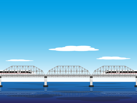 Two high-speed trains on the railway bridge. Vector illustration.のイラスト素材