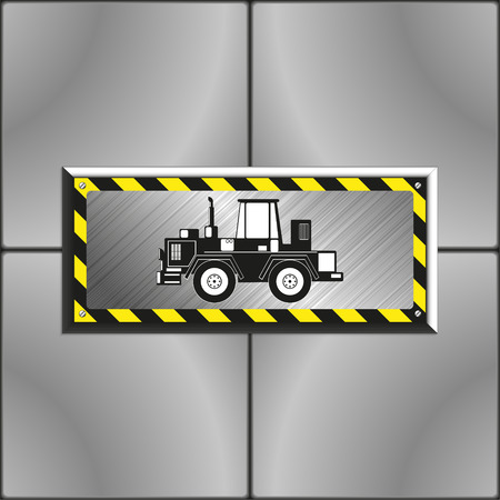 Heavy tractor. Image on an industrial metal plate, bolted to the wall of gray slabs. Vector illustration.のイラスト素材
