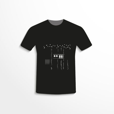 Black T-shirt with the image of a house in the trees. At night.のイラスト素材