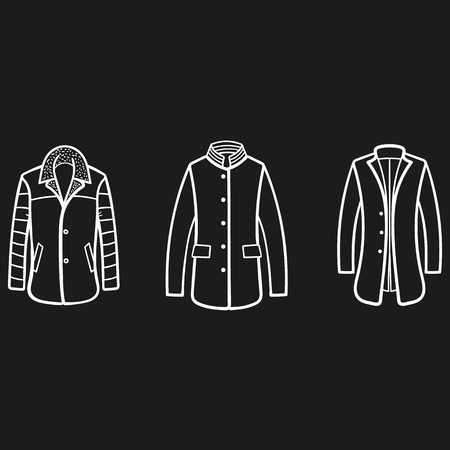 Set of beautiful hand-drawn outlined icons of a coats in dark backgroundのイラスト素材