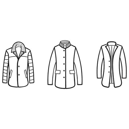 Set of beautiful hand-drawn outlined icons of a coats in white backgroundのイラスト素材