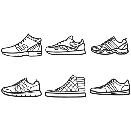 Set of beautiful hand-drawn outlined icons of a sneaker in white backgroundのイラスト素材