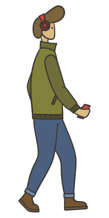 Drawn vector illustration of a stylish man with stylish haircut walking and listening to music in wireless headphonesのイラスト素材