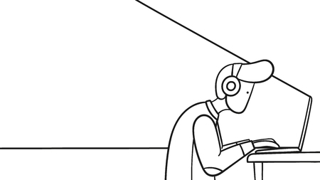 Man works at the computer at night outlined vector illustrationのイラスト素材