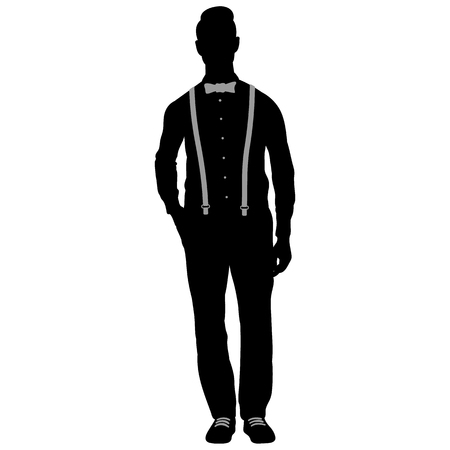 Isolated silhouette of a stylish man wearing a bow tie and leather belt in white backgroundのイラスト素材