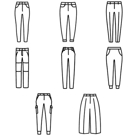 Set of beautiful hand-drawn outlined icons of a men's pants in white backgroundのイラスト素材
