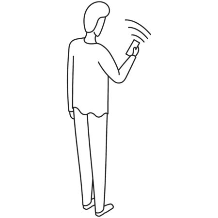 Drawn illustration of a man standing and looking at his phone with WiFi turned onのイラスト素材
