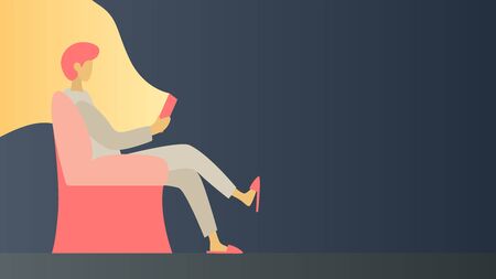Vector illustration of a girl sitting in an armchair at night and readingのイラスト素材