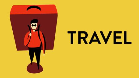 Vector illustration of a man ready to travel with a giant backpack on his shoulderのイラスト素材