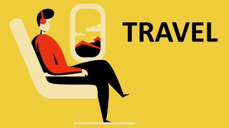 Vector illustration of a man sitting on armchair in an airplane and looking out the windowのイラスト素材