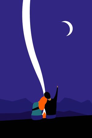 Vector colorful illustration of a couple sitting at night by the bonfire under the moonのイラスト素材
