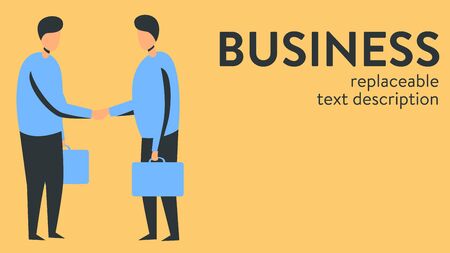 Vector illustration of two businessmen with briefcases shaking hands and making a deal. Poster with text placeholder and descriptionのイラスト素材