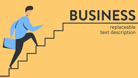 Vector illustration of a man climbing the stairs with a briefcase in his hand. Poster with text placeholder and descriptionのイラスト素材