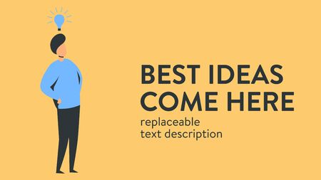 Vector colorful illustration of a man with a light bulb over his head. An idea occurs to a person. Poster with text placeholder and descriptionのイラスト素材