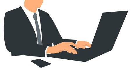 Vector illustration of a businessman sits in the office and works at a laptop. Poster with text placeholder and descriptionのイラスト素材