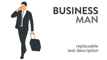 Vector illustration of a businessman in a suit travelling with a suitcase on wheels. Poster with text placeholder and descriptionのイラスト素材