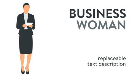 Vector illustration of a successful and beautiful business woman in a suit standing with documents in her hands. Poster with text placeholder and descriptionのイラスト素材