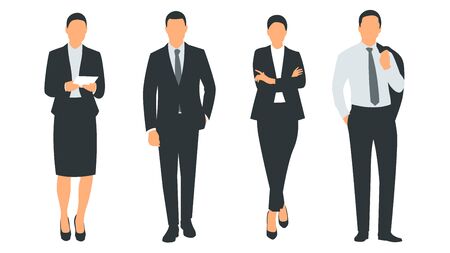 Set of vector illustration of a group of successful and beautiful businesswomen and businessmen standing in a suit. Poster with text placeholder and descriptionのイラスト素材