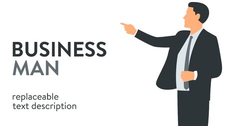 Vector illustration of a businessman in a suit giving a presentation and pointing to something. Poster with text placeholder and descriptionのイラスト素材