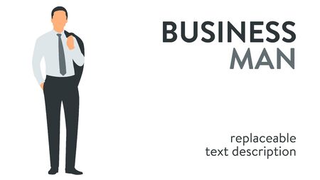 Vector illustration of a successful businessman in a suit standing with hand in the pocket. Poster with text placeholder and descriptionのイラスト素材