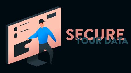Modern colorful vector illustration of a computer screen with data and a person trying to steel it. On the right side there is a replaceable text headline: Secure Your Dataのイラスト素材