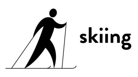 Vector banner with an icon of a skier with sticks in his hands with text headline. Modern flat skiing icon, pictogramのイラスト素材