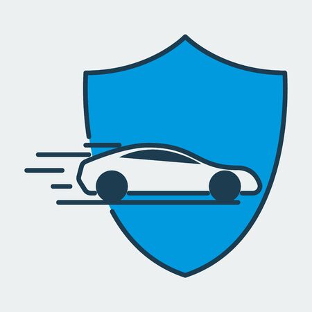 Vector colorful icon made of shield and illustration of a racing car on it. It represents car insurance and car road safetyのイラスト素材