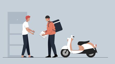 Vector colorful illustration of a delivery guy with a big bagpack driven by scooter handing over a package to the men next to the apartments door. Also can be used as a poster or slide for presentationのイラスト素材