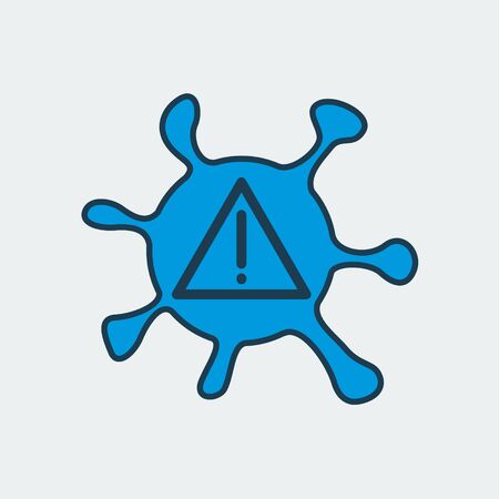 Vector colorful icon of a coronavirus bacteria with a warning exclamation point on it. It represents a concept of pandemic danger, medical mark, health safety and virus quarantineのイラスト素材