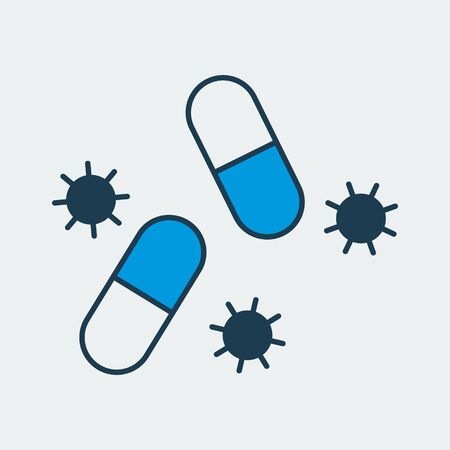 Vector colorful icon of a medical pills surrounded by a dangerous virus bacteria. It represents a concept of medical protection and health safetyのイラスト素材