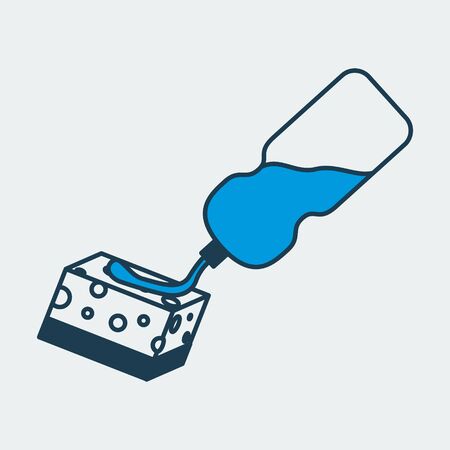 Vector colorful icon of a bottle and sponge with cleaning agent for cleaning and disinfecting surfaces. It represents a concept of medical protection, cleanliness, hygiene, health safety and virus protectionのイラスト素材