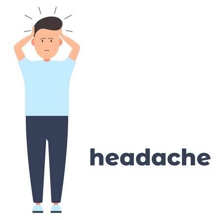Vector colorful icon of a character having headache because of the infection. It represents a concept of medical protection, virus symptoms, headache as a symptom, health safety and virus quarantineのイラスト素材