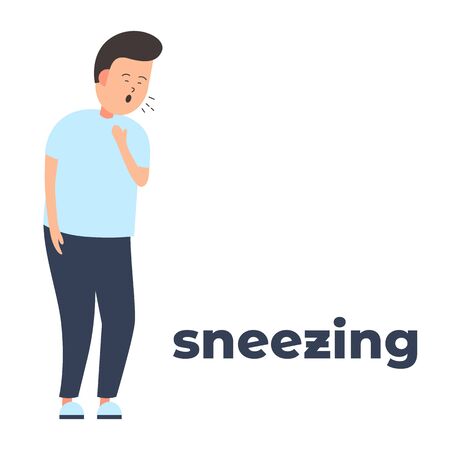Vector colorful icon of a character sneezing because of the infection. It represents a concept of medical protection, virus symptoms, sneezing as a symptom, health safety and virus quarantineのイラスト素材
