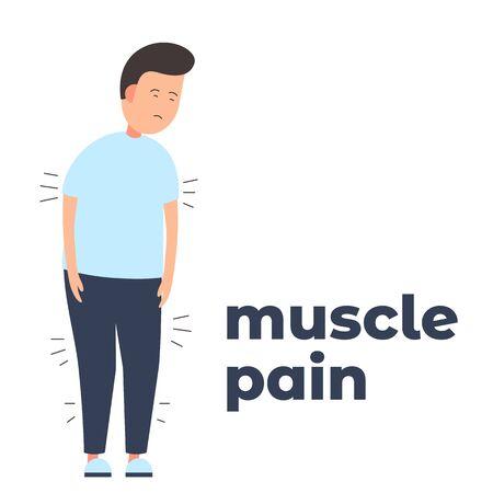 Vector colorful icon of a character having muscle pain because of the infection. It represents a concept of medical protection, virus symptoms and muscle pain as a virus infection symptomのイラスト素材