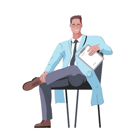 Vector colorful illustration of a character of a smiling and stylish male doctor with glasses sitting on a chair with a medical folder in his hand. It represents a concept of doctors work, medicine protectionのイラスト素材