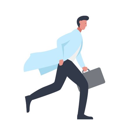 Vector colorful illustration of a character of a male doctor in a medical gown running with a briefcase in his hand. It represents a concept of doctors work, medical protection and health safetyのイラスト素材