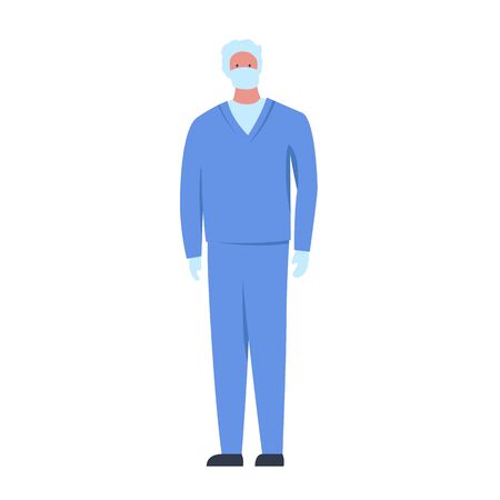 Vector colorful illustration of a character of a masked male doctor wearing gloves and headdress. It represents a concept of doctors work, medical protection and health safetyのイラスト素材