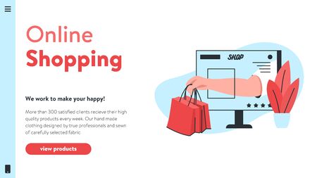Vector colorful image of an online store website interface with concept illustration of a hand giving packages of goods through a computer screen. It represents a concept of online shopping, website designのイラスト素材