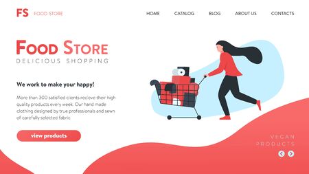 Vector colorful illustration of an online food store website interface with concept illustration of a woman carrying a cart with goods. It represents a concept of food shopping, online store design or landing pageのイラスト素材