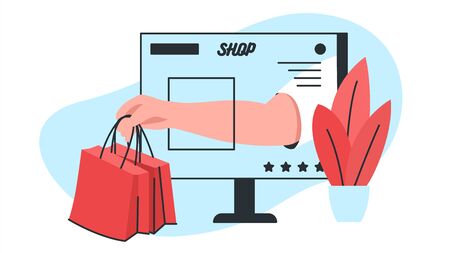 Vector image of a hand giving packages of goods through a computer screen with online store interface. It represents a concept of online shopping, website design, customer service and product deliveryのイラスト素材