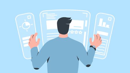 Vector colorful concept illustration of a character operating augmented reality computer interface with his hands. It represents a concept of augmented reality, modern interface, technology developmentのイラスト素材