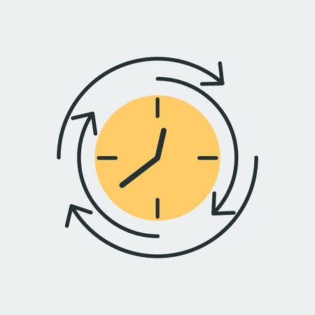 Vector icon of round clock with arrows pointing in different directions. It represents a concept of time management, timer, countdown, schedule.のイラスト素材