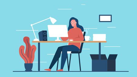 Modern colorful concept vector illustration of a beautiful smiling girl working at the computer in a cozy room. It represents a concept of freelance, work from home, programmer, designer and happy lifestyleのイラスト素材