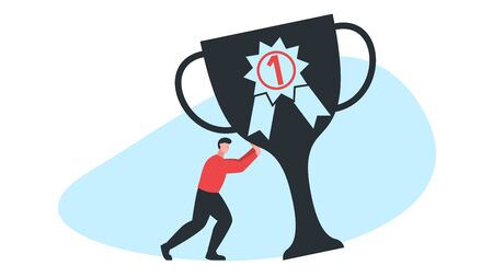 Modern colorful concept vector illustration of a man character next to a big first place bowl. It represents a concept of successful people, motivation, confidence and goal achievementのイラスト素材