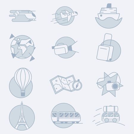 Set of 12 vector modern transport and vehicles related icons. It represents a concept of travelling, transportation, road adventures and fun journey.のイラスト素材