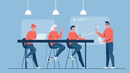 Vector colorful concept illustration of a working group in the office discussing project during the meeting with presentation. It represents a concept of teamwork, data representation and creative cooperationのイラスト素材